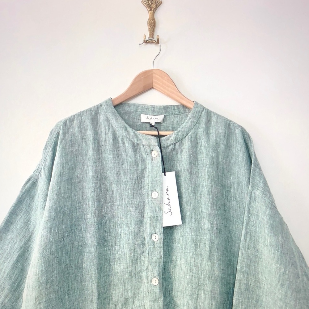 Sahara Relaxed Button-Front Linen Blouse in Seafoam Green - Picture 2 of 10